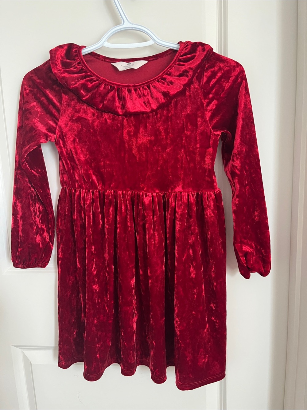 H&M Red Velvet Dress with Ruffle Neckline